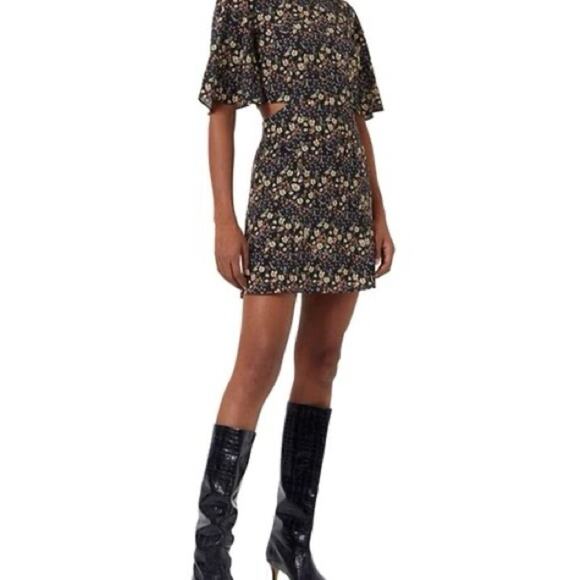 French Connection Sz 6 Yellow on Black Floral Cutout Dress A-Line Whimsy Goth - Picture 1 of 16